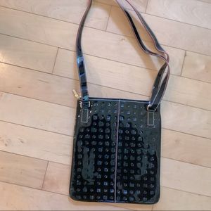 Arcadia black patent leather bag with red trim